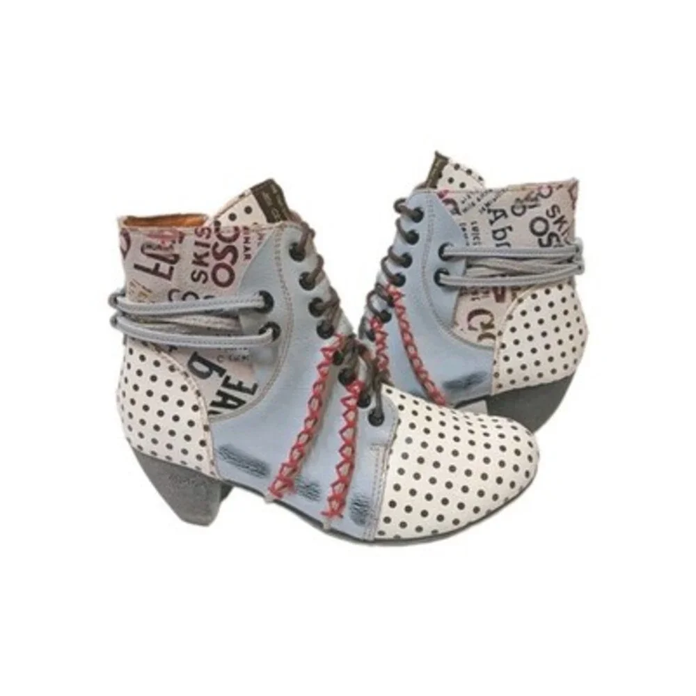 Maia Boho White Shoes Leather Lace-up Low Heel Ankle Boots EU 39 US 8.5 Polkadot